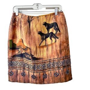 Vtg Y2K Silk Club Womens Tan Orange Pencil Silk Skirt 8P Animal Print Sequin